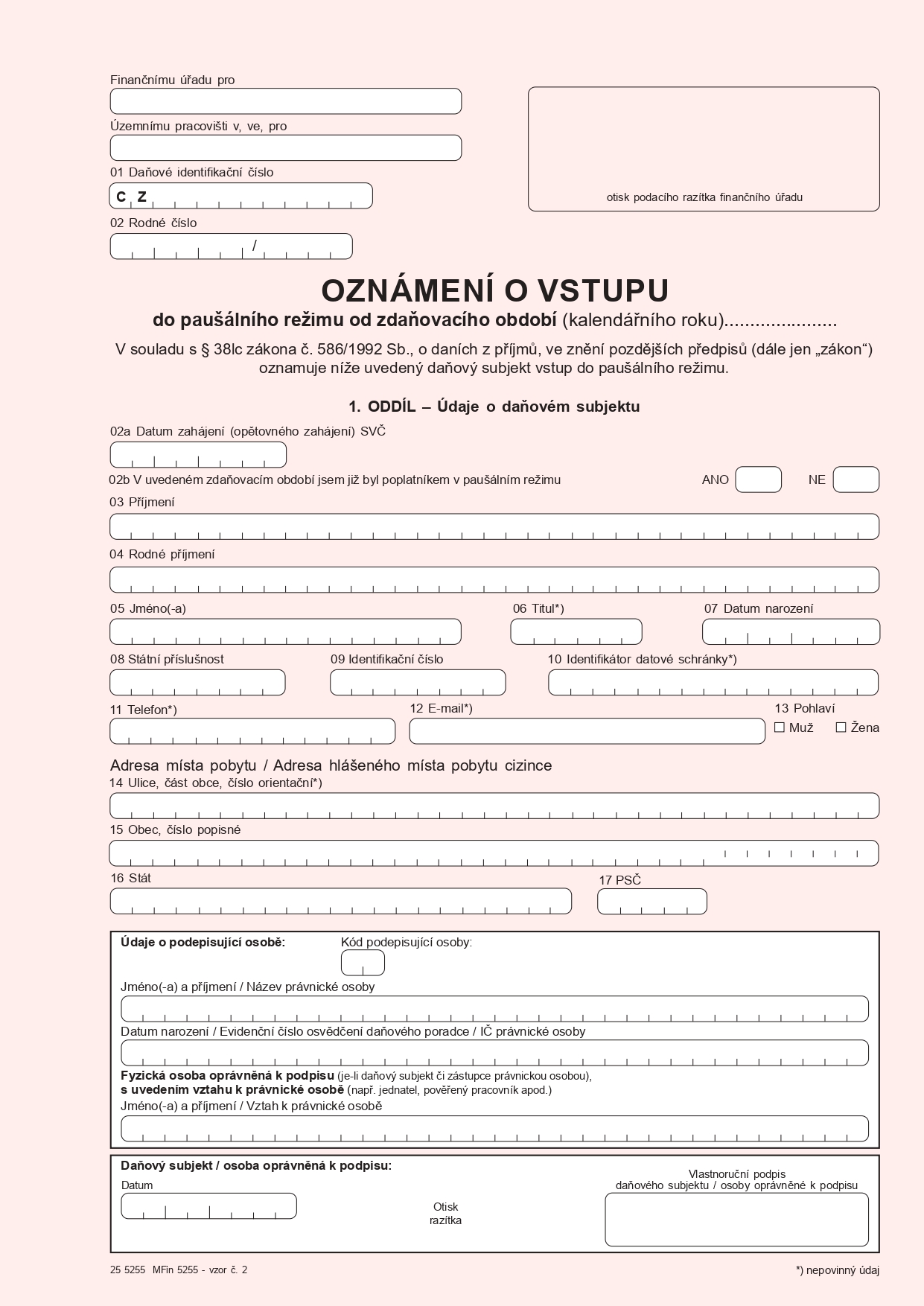 Ukázka formuláře o vstupu do režimu paušální daně