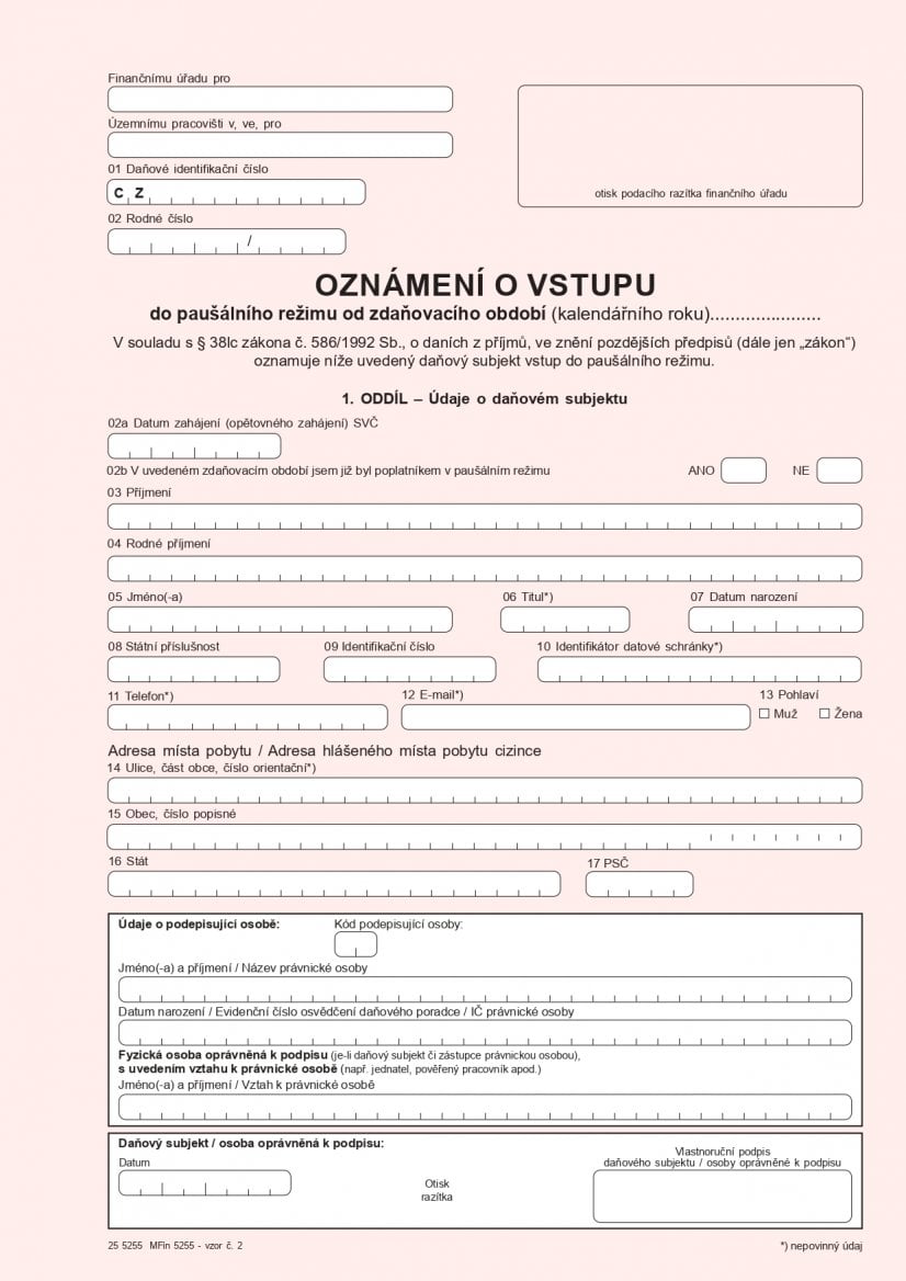 Ukázka formuláře o vstupu do režimu paušální daně