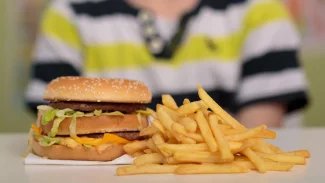 Detailní záběr na hamburger a hranolky