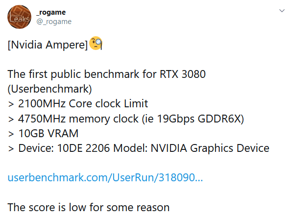 GeForce RTX 3080 10GB v databázi UserBenchmarku