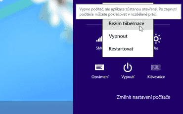 Počítač lze nově vypnout prostřednictvím panelu Charm