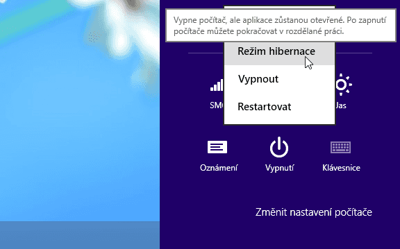 Počítač lze nově vypnout prostřednictvím panelu Charm