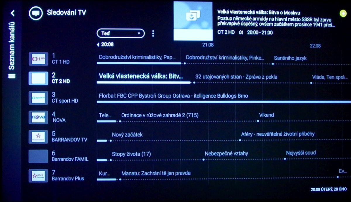 EPG vyvoláte tlačítkem TV Guide a nabídne program pro sedm stanic. Jak vypadají podrobné informace o pořadu, vidíte na dalším snímku.