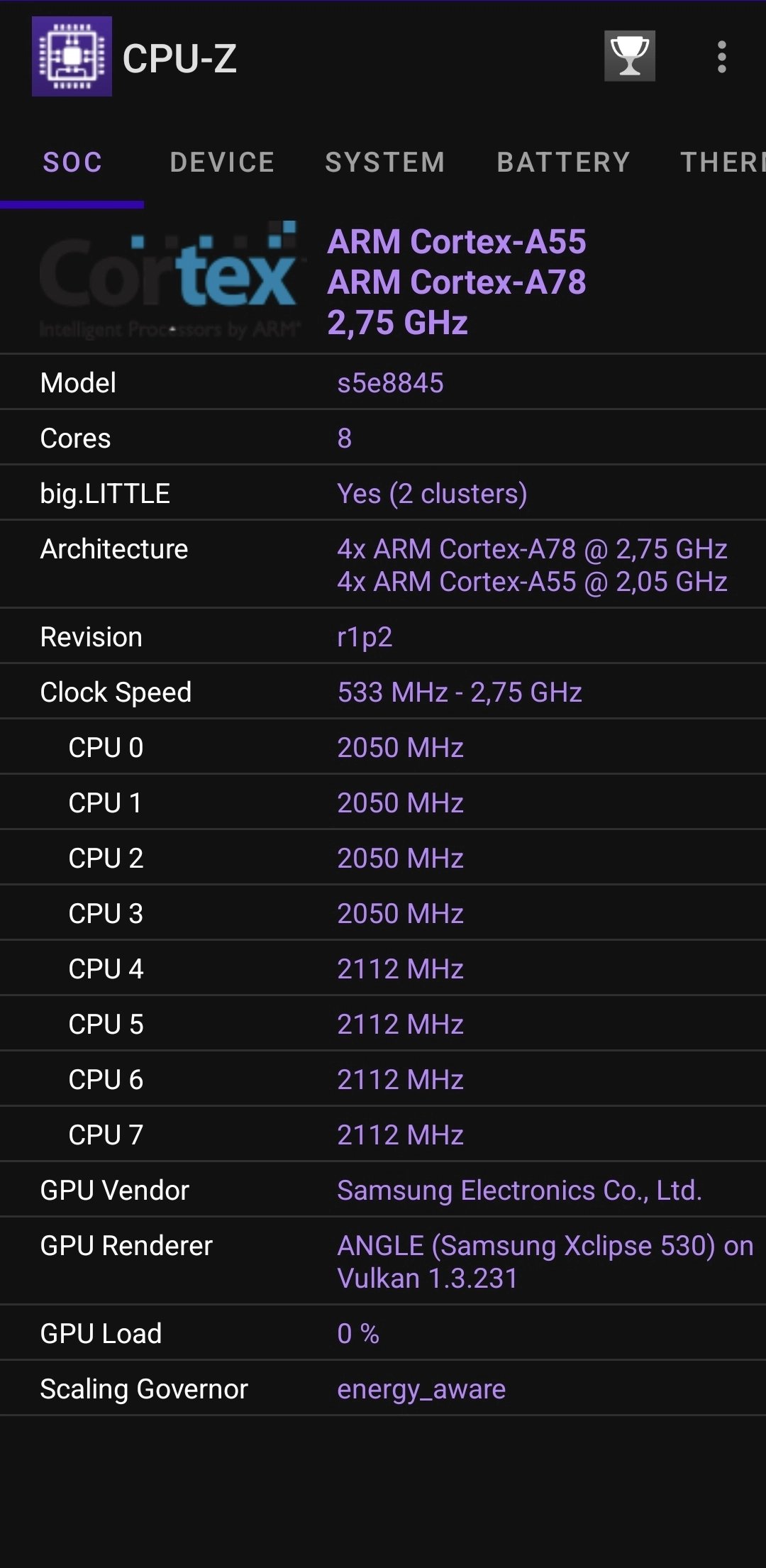 Informace o procesoru z CPU-Z