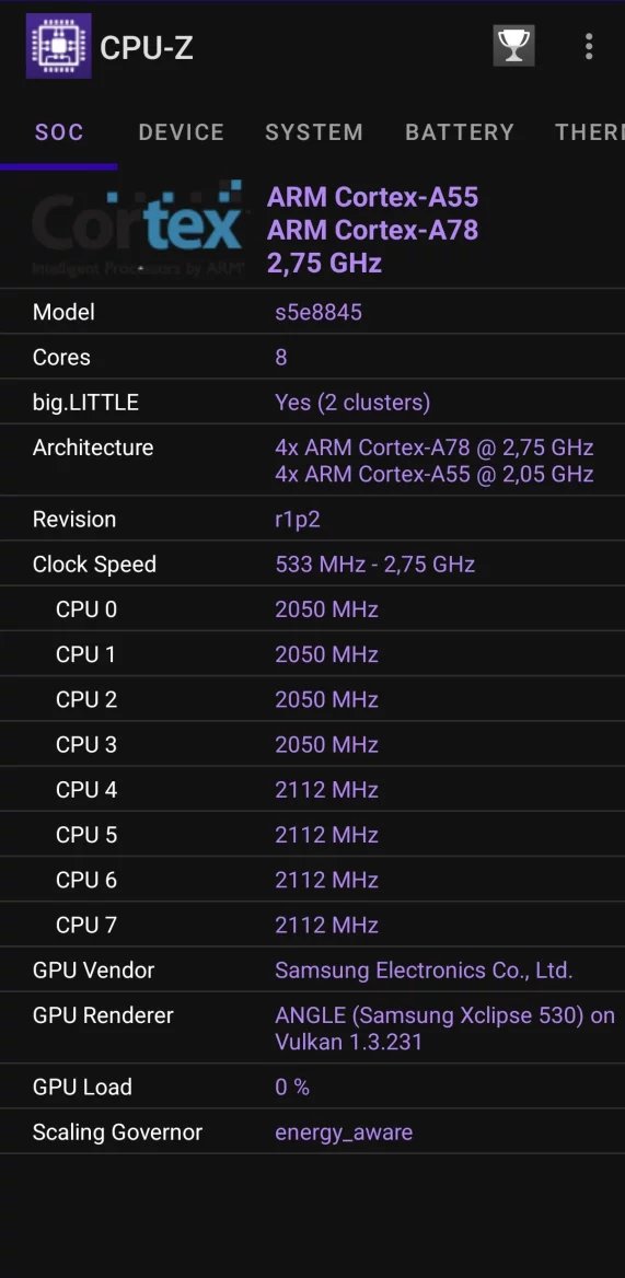 Informace o procesoru z CPU-Z