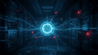 Abstraktní vizualizace autonomního AI agenta analyzujícího zdrojový kód — digitální síť propojených uzlů a datových toků prostupuje tmavým prostředím, v jehož středu pulzuje světelné jádro představující model umělé inteligence. Na okrajích kompozice jsou patrné fragmenty kódu a červeně zvýrazněné body symbolizující odhalené zranitelnosti.