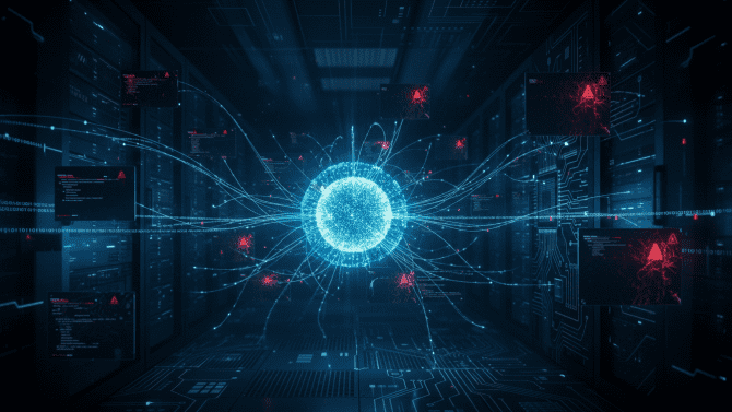 Abstraktní vizualizace autonomního AI agenta analyzujícího zdrojový kód — digitální síť propojených uzlů a datových toků prostupuje tmavým prostředím, v jehož středu pulzuje světelné jádro představující model umělé inteligence. Na okrajích kompozice jsou patrné fragmenty kódu a červeně zvýrazněné body symbolizující odhalené zranitelnosti.
