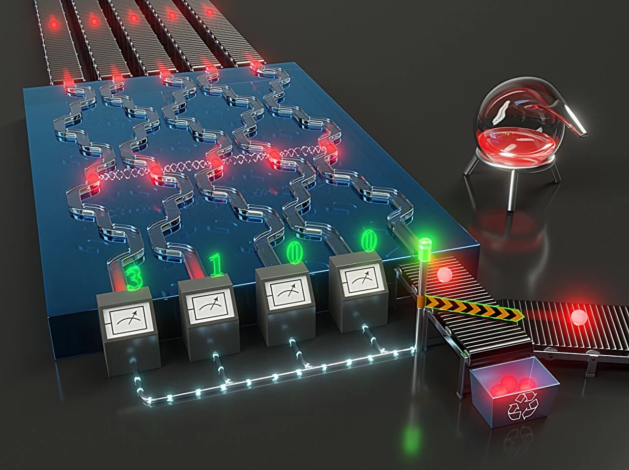 Artistické vyobrazení distilace (výběr nejlepších) fotonů