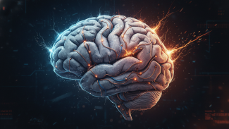 Lidský mozek z obvodů a drátů s viditelnými prasklinami symbolizujícími přetížení