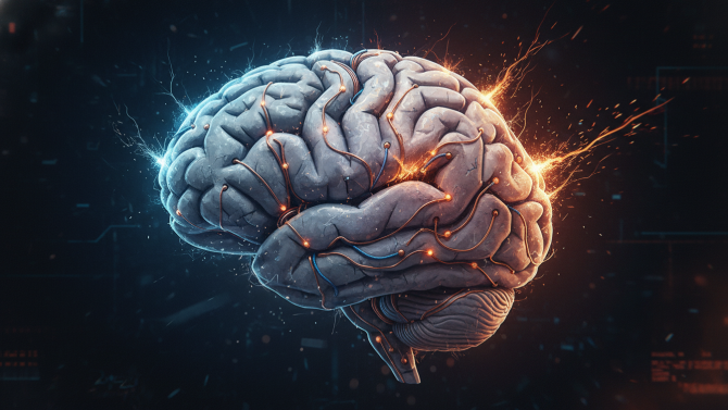 Lidský mozek z obvodů a drátů s viditelnými prasklinami symbolizujícími přetížení