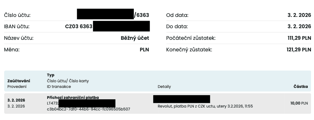 Příchozí zahraniční platba v PLN do Partners Banky z korunového účtu v Revolutu. (03. 02. 2026)