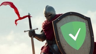 Rytíř držící meč, který má na štítu logo projektu AdGuard
