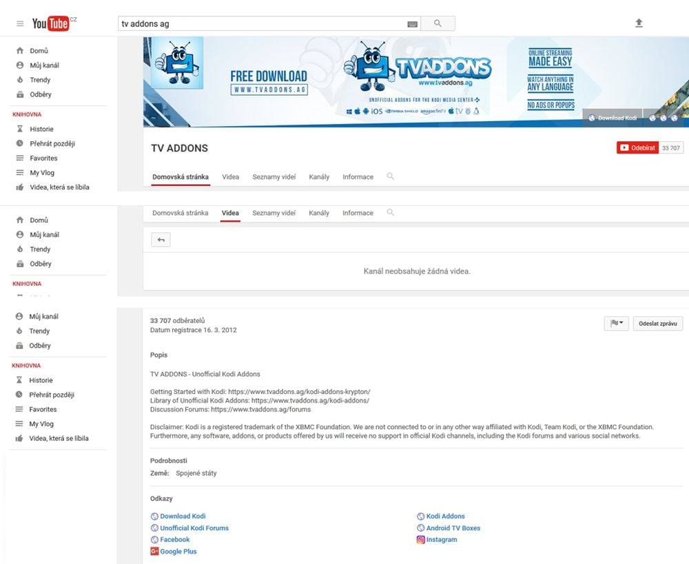 Aktuální sejmutá obrazovka stránky TV Addons na YouTube. Uvedené odkazy rovněž nejsou funkční.