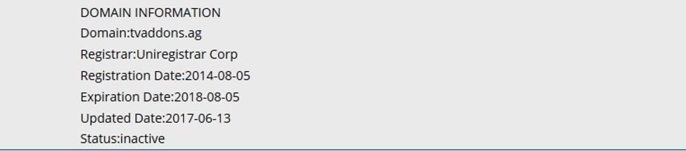 Informace o doméně: 13. června došlo ke změně statusu z „active“ na „inactive“. Přitom na posledním dostupném „screenu“ stránky pořízeném 12. 6. ve 23:51 službou archive.org není ani zmínky o nějakém přerušení služeb nebo žalobě na TV Addons…