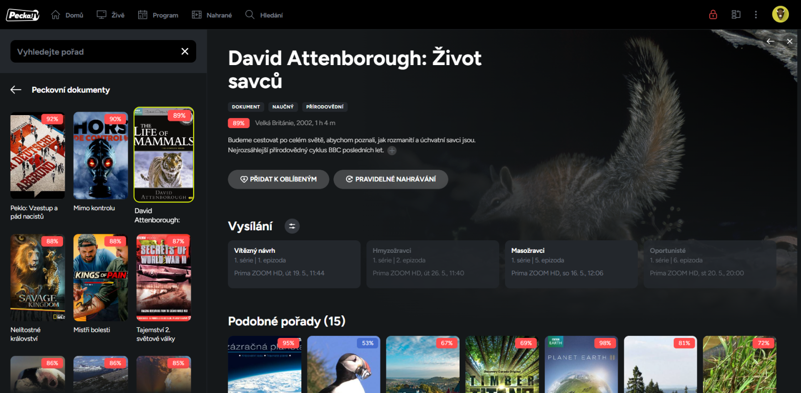 Webové prostředí televizní služby Pecka