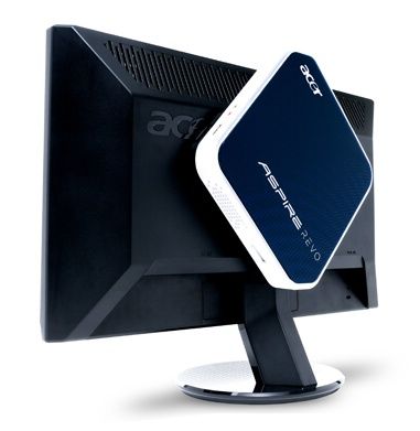 Nettop Acer Aspire Revo umístěný za monitorem