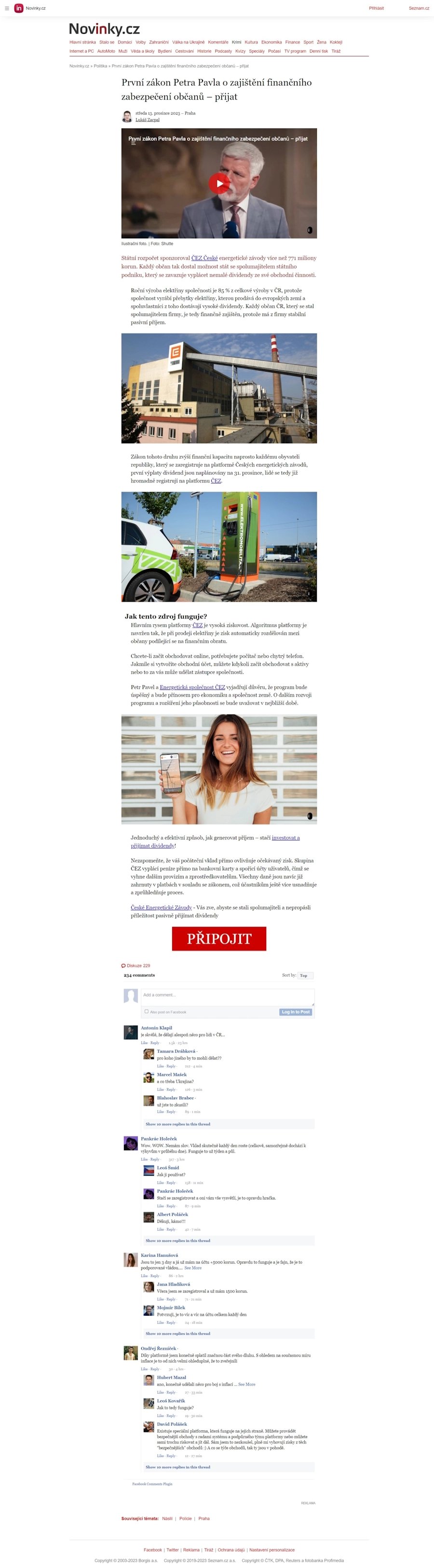 Jedna ze stránek, na kterou se uživatel dostane po kliknutí na odkaz v podvodné reklamě. Web se snaží vzbudit dojem, že jde o pravou stránku zpravodajského serveru Novinky.cz.