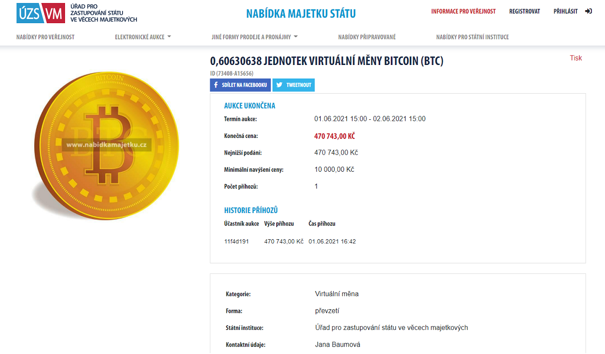 Stát podruhé vydražil Bitcoin.