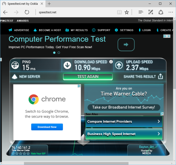 Výsledek testování našeho domácího připojení na portálu Speedtest.net