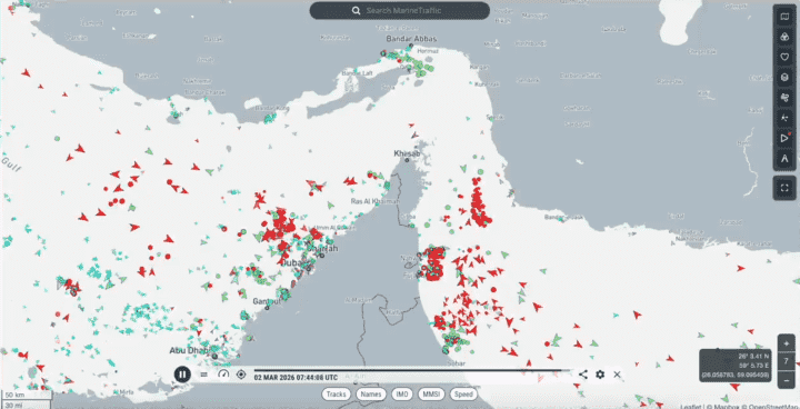 Autor: <a href="https://x.com/MarineTraffic/status/2028425039578542170?s=20">MarineTraffic</a> Od začátku konfliktu klesla lodní doprava v Hormuzském průlivu o 70 %