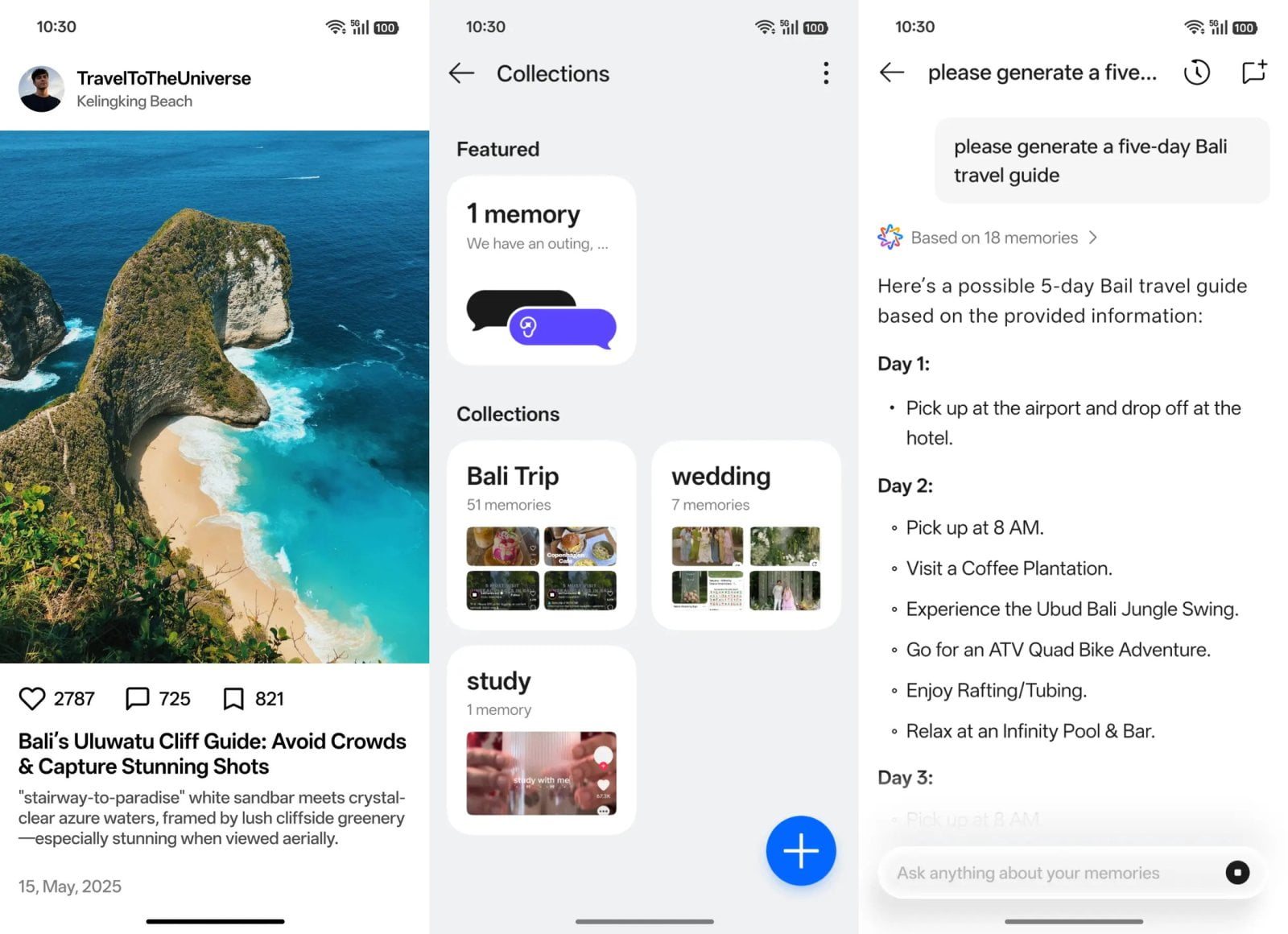 Ukázky OPPO AI Mind Space: příspěvek o Bali, kolekce uložených položek a návrh cesty sestavený z uloženého obsahu.