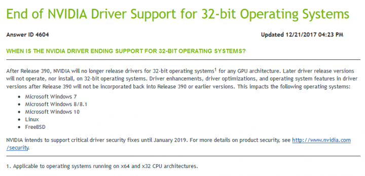 Sekce na webu Nvidie, která konec podpory 32bitových OS oznamuje