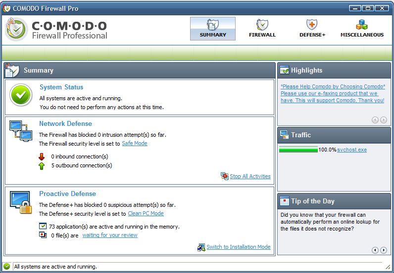 <p>Úvodní obrazovka Comodo Firewall</p>