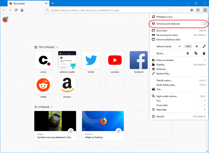 Ochranu proti sledování najdete v hlavní nabídce