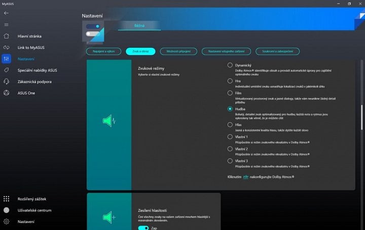 Nastavení zvukových režimů v MyAsus
