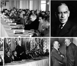 Konference a jednání o novém měnovém systému v americkém Bretton Woods se v roce 1944 účastnil i Sovětský svaz. Ten nakonec měnové dohody neratifikoval a v bloku socialistických států uplatnil systém zúčtovávání v převoditelných rublech. Keynes (vpravo) se konference zúčastnil za Velkou Británii.