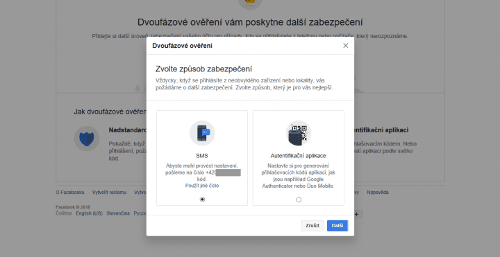 Vybrat si můžete mezi ověřením přes SMS nebo aplikaci