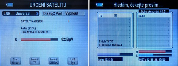 Automatické vyhledání neznámého satelitu a vyhledávání programů. Přístroj umožňuje editaci satelitů, frekvencí a další přidávání dat a jejich přesun.