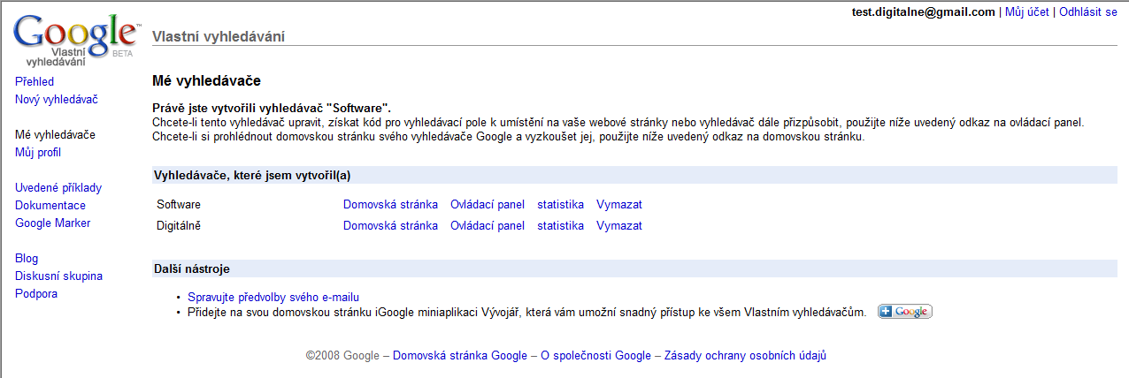 <p>Přehled vytvořených vlastních vyhledávačů.</p>