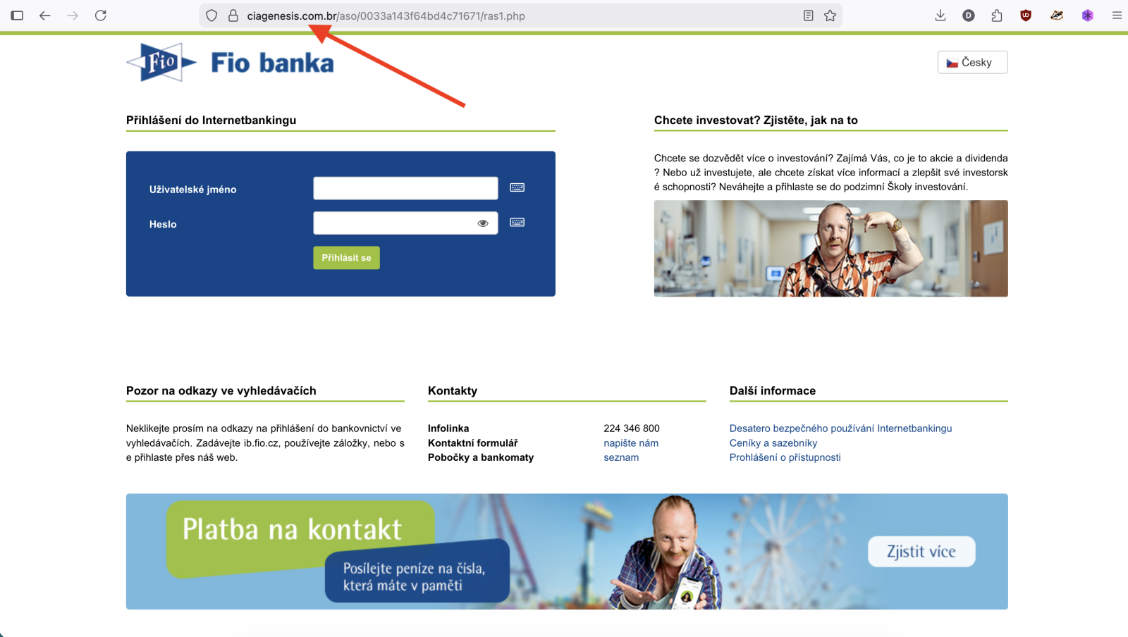 Podvodný web ciagenesis.com.br v barvách Fio banky. (05. 02. 2026)