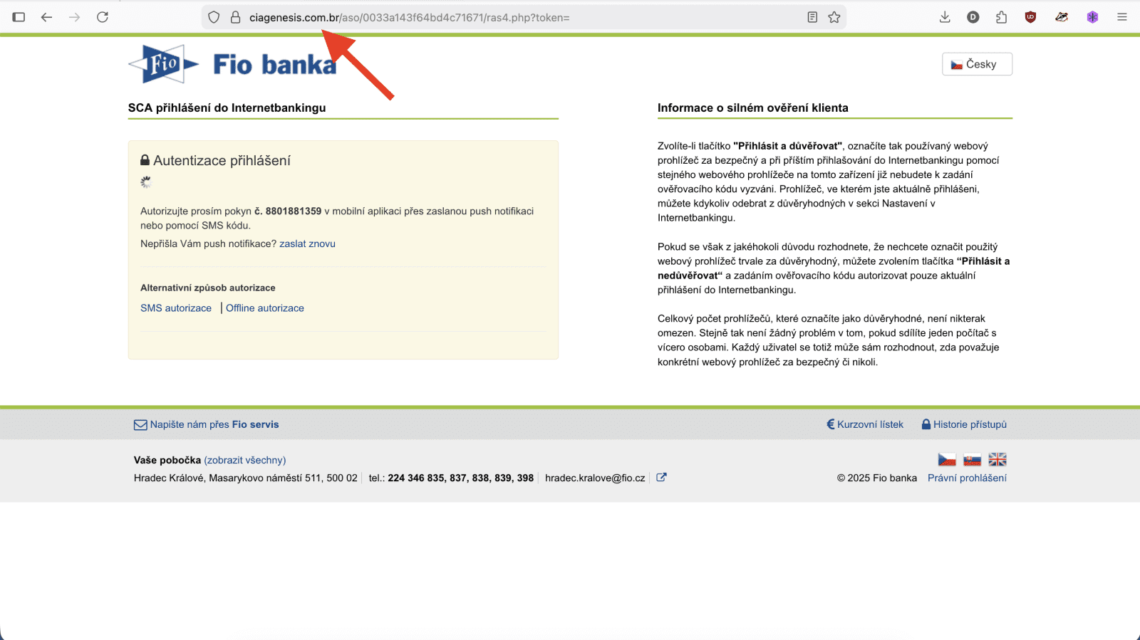 Podvodný web ciagenesis.com.br v barvách Fio banky. (05. 02. 2026)