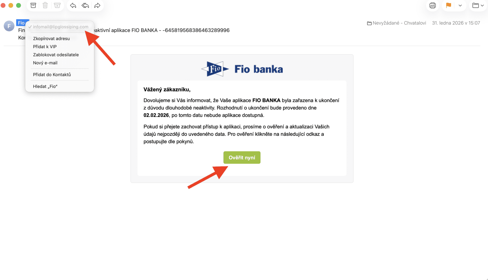 Podvodný e-mail útočící na klienty Fio banky. Odkaz vede na web ciagenesis.com.br v barvách Fio banky. (05. 02. 2026)