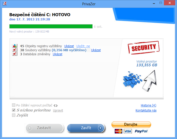 V průběhu čištění jste informováni o aktuálně prováděných operacích