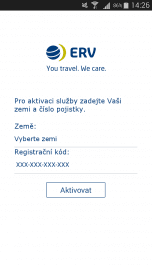 Vstup do aplikace ERV travel & care. Bez pojistné smlouvy a přidělených údajů vás bohužel aplikace dál nepustí.