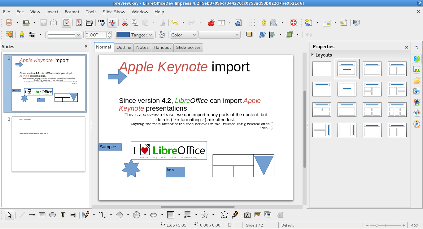 Prezentátor Impress se od minula moc nezměnil, za zmínku stojí snad jen podpora čtení formátu Apple Keynote.