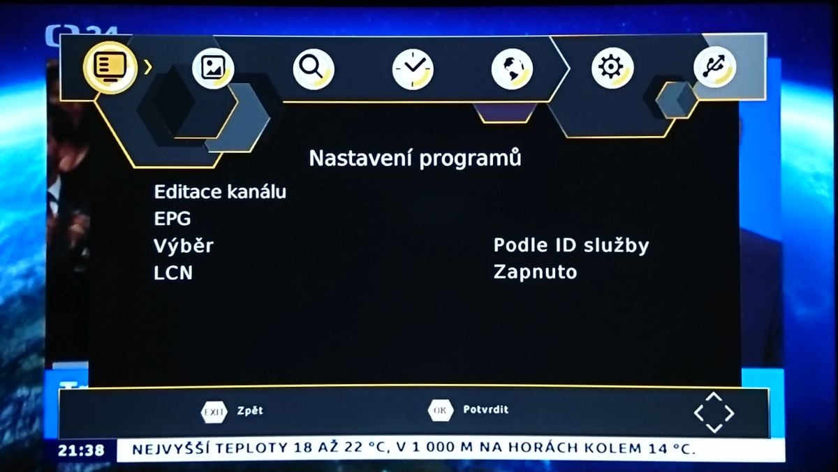 Maxxo T2 H.265 - menu nastavení