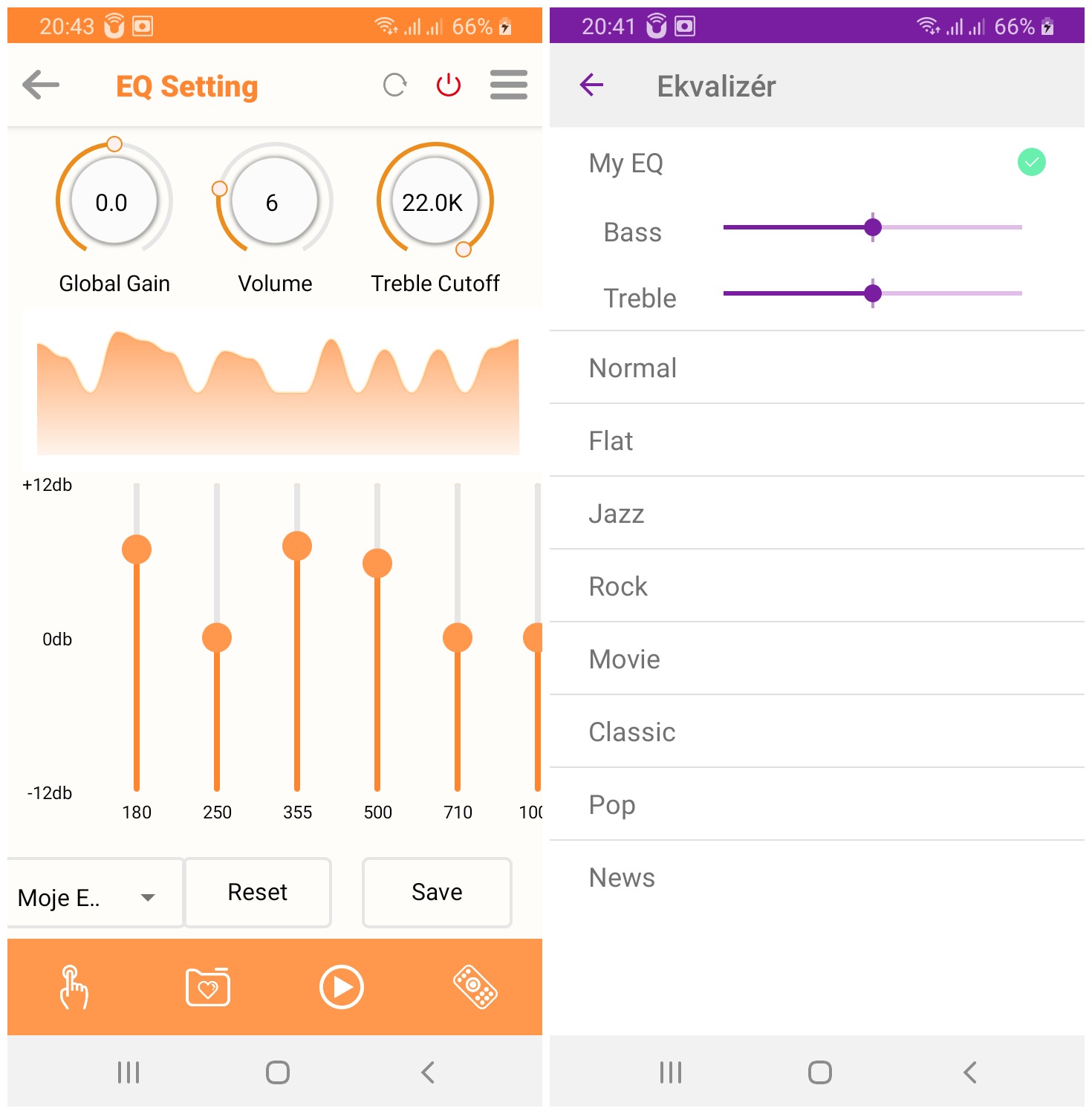 Nastavení ekvalizéru přijímače za pomoci mobilní aplikace (vlevo aplikace Soundmate, vpravo aplikace Undok)