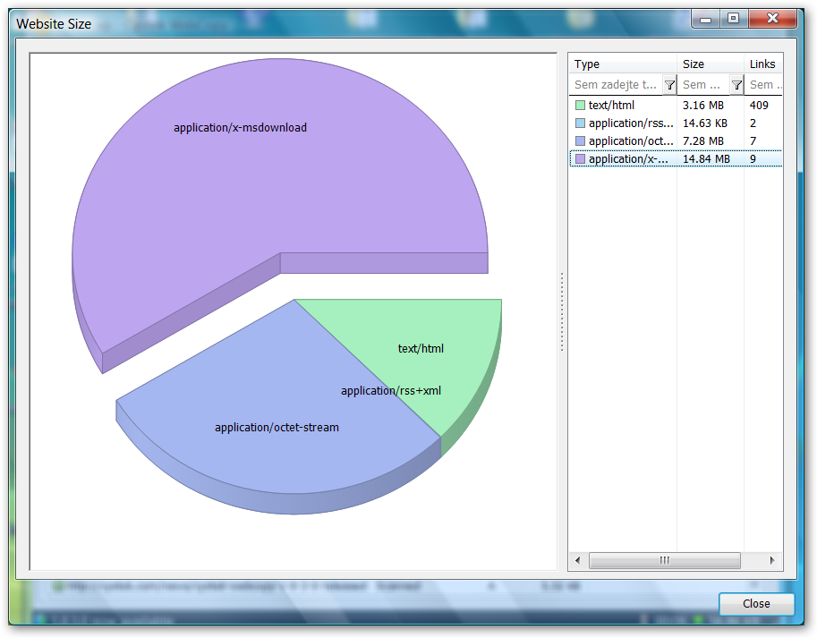Report Website Size (celková velikost webu)