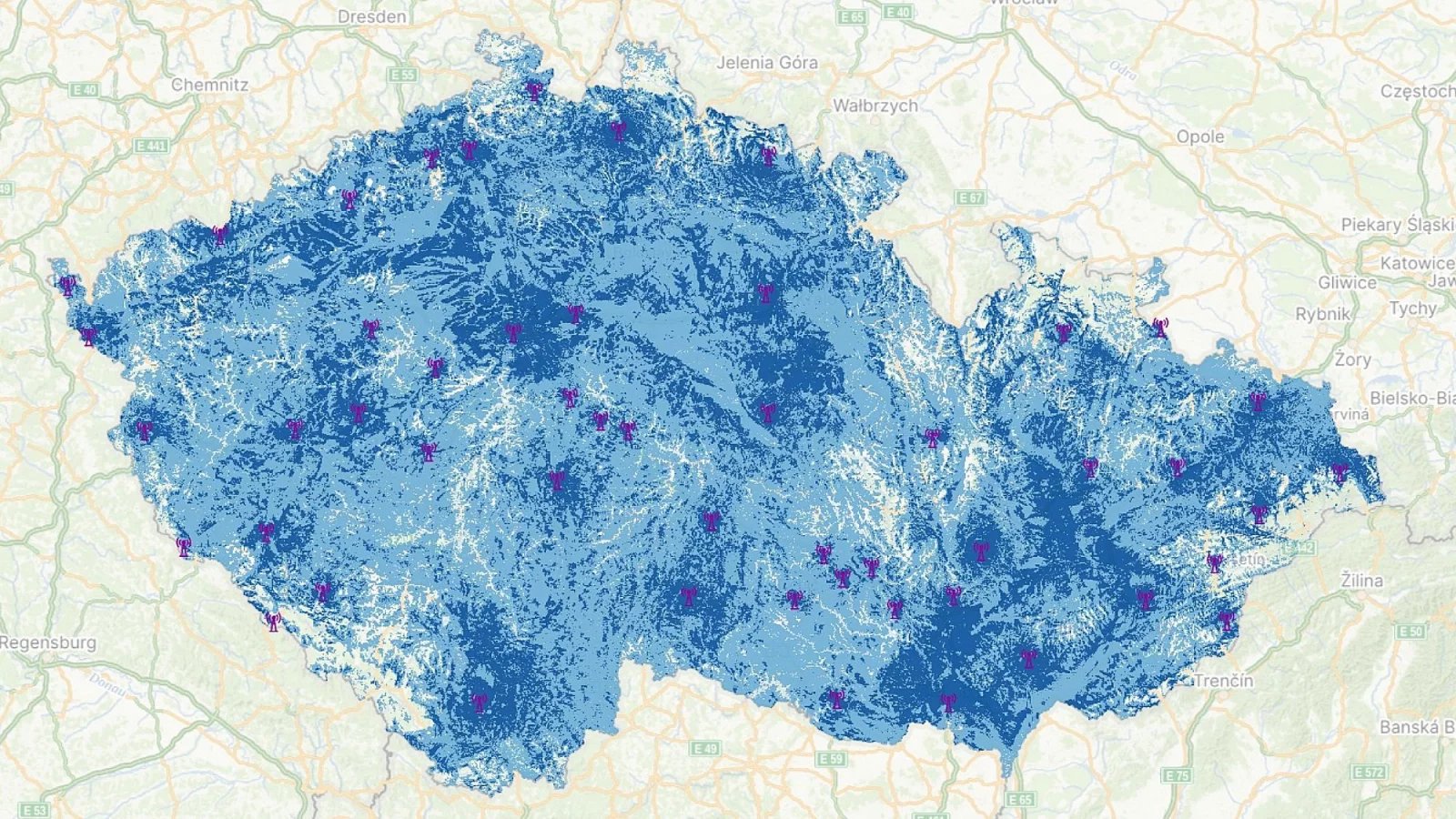 Pokrytí signálem digitálního multiplexu (DAB+) Českého rozhlasu