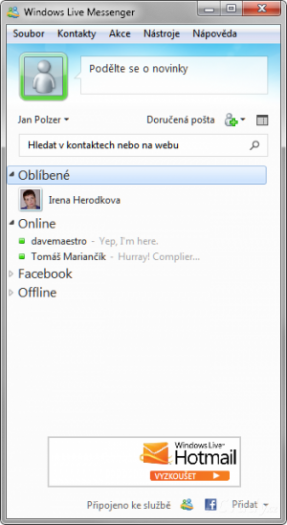 Zmenšené a upravené okno Windows Live Messengeru