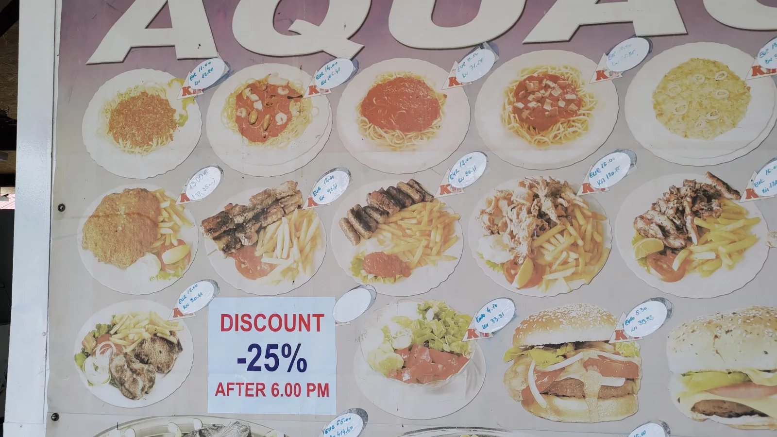 Ceny jídel v restauracích. Baška, Krk, Rijeka. Chorvatsko. (9. 6. 2024)