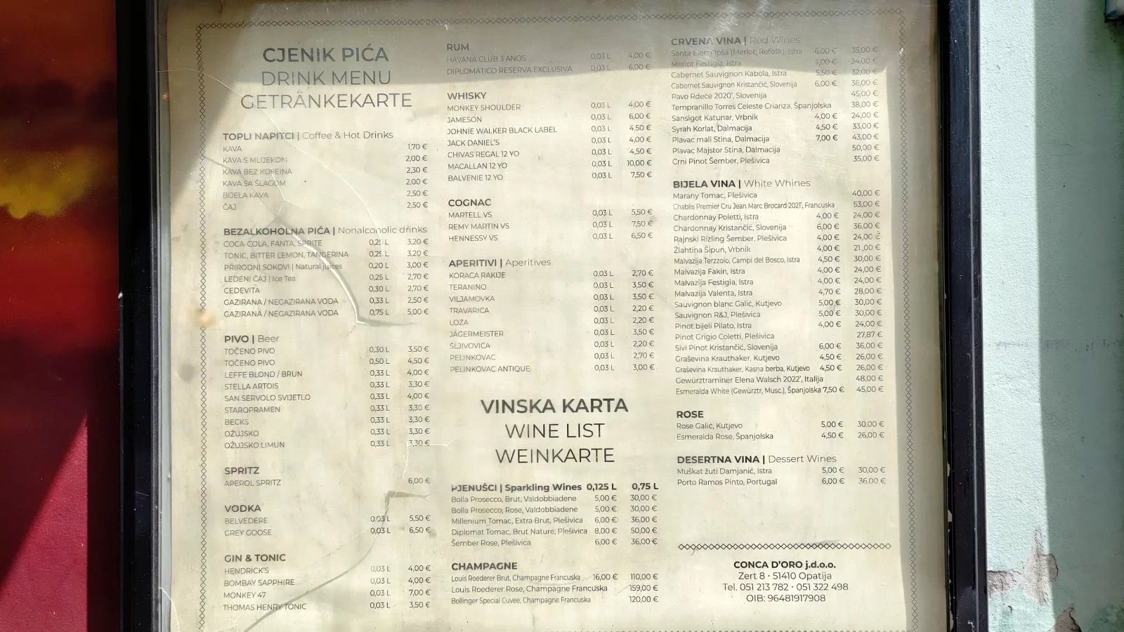 Ceny jídel v restauracích. Baška, Krk, Rijeka. Chorvatsko. (9. 6. 2024)