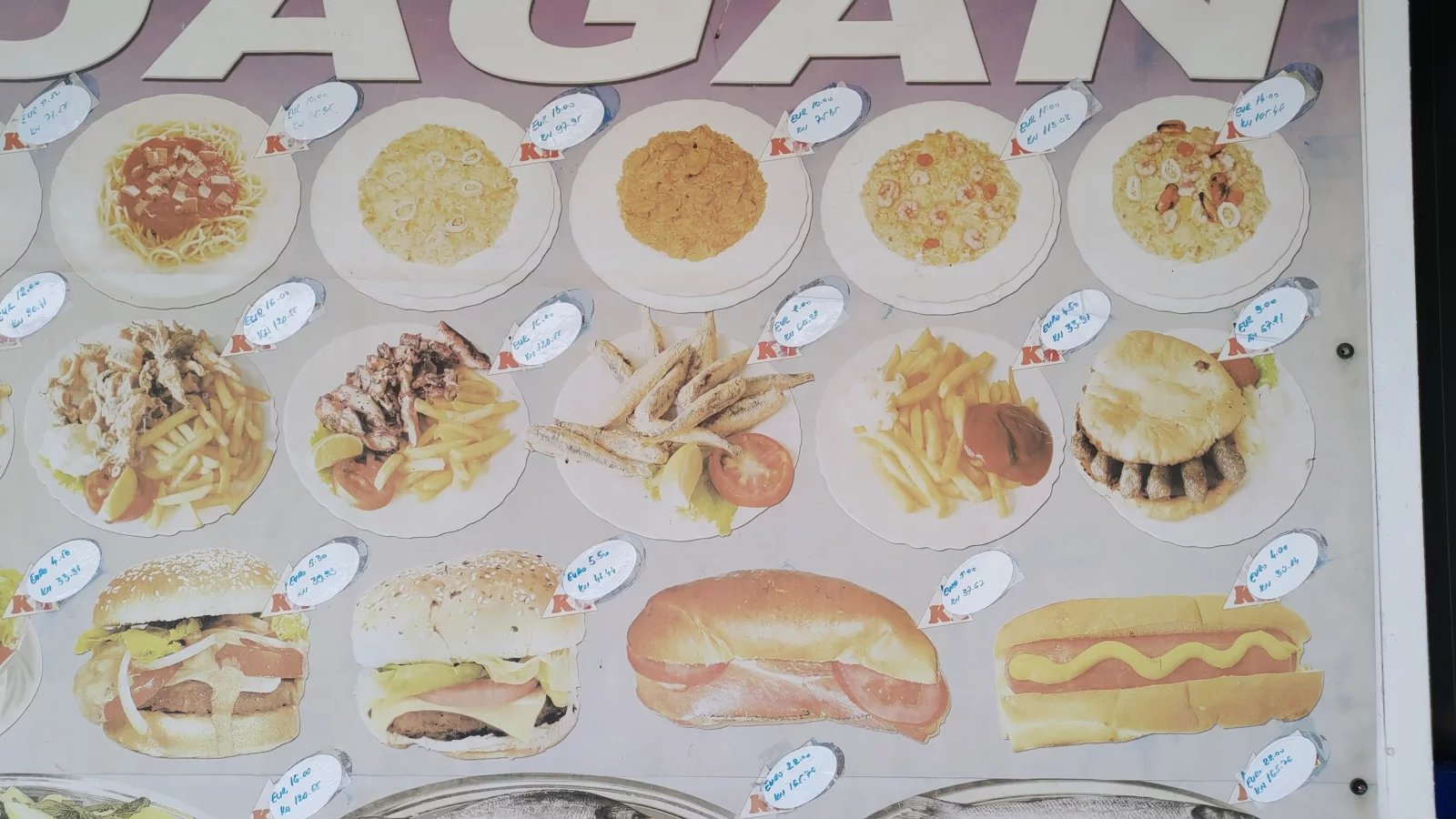 Ceny jídel v restauracích. Baška, Krk, Rijeka. Chorvatsko. (9. 6. 2024)