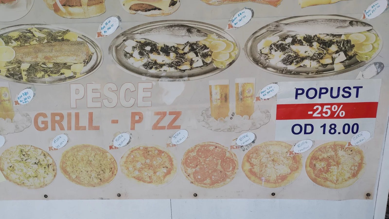 Ceny jídel v restauracích. Baška, Krk, Rijeka. Chorvatsko. (9. 6. 2024)