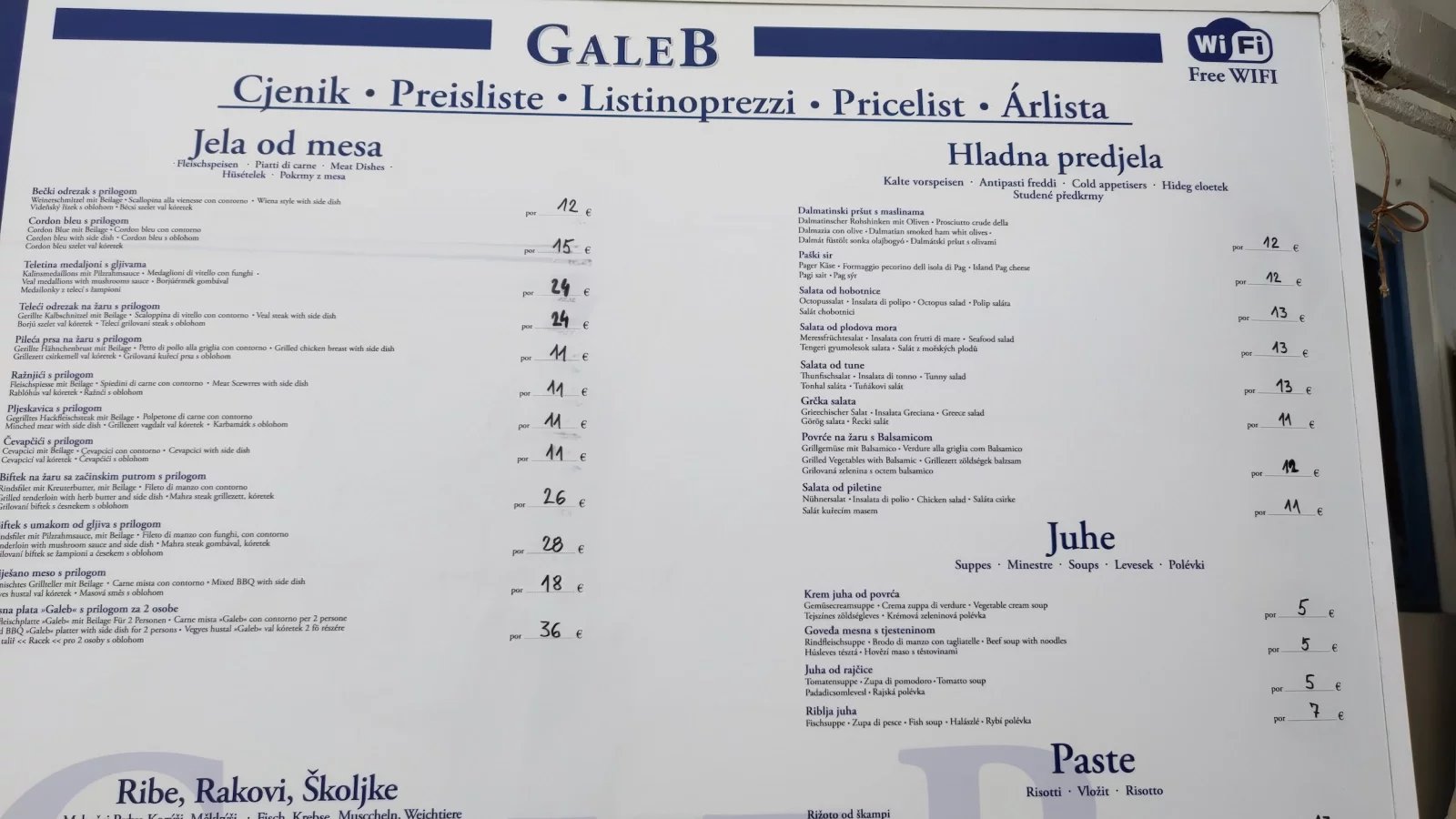 Ceny jídel v restauracích. Baška, Krk, Rijeka. Chorvatsko. (9. 6. 2024)
