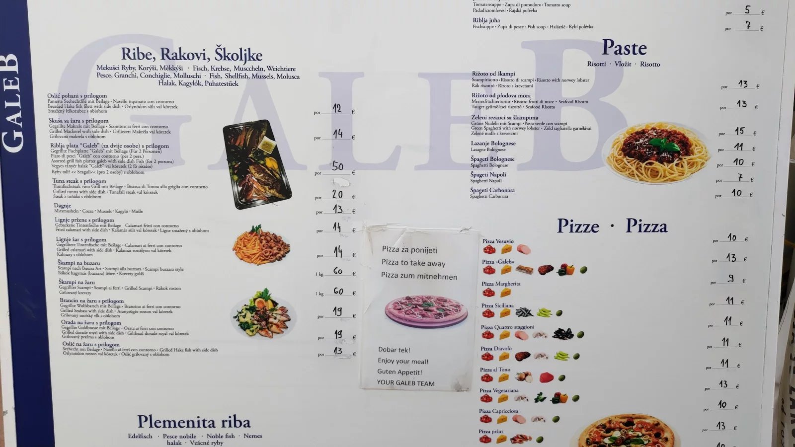 Ceny jídel v restauracích. Baška, Krk, Rijeka. Chorvatsko. (9. 6. 2024)
